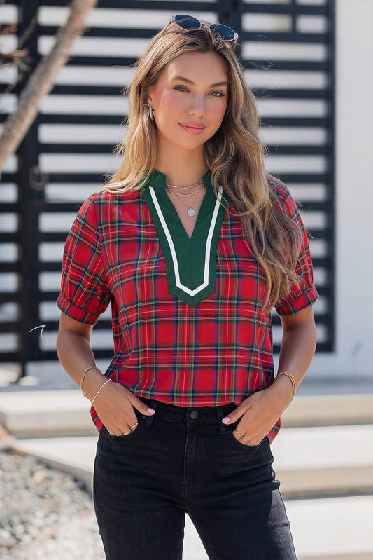 Plaid Print Contrast Trim V Neck Short Sleeve Blouse