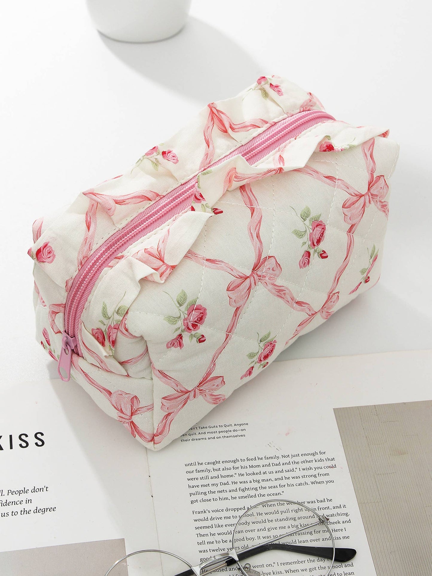 Ribbon Quilted Cosmetic Pouch