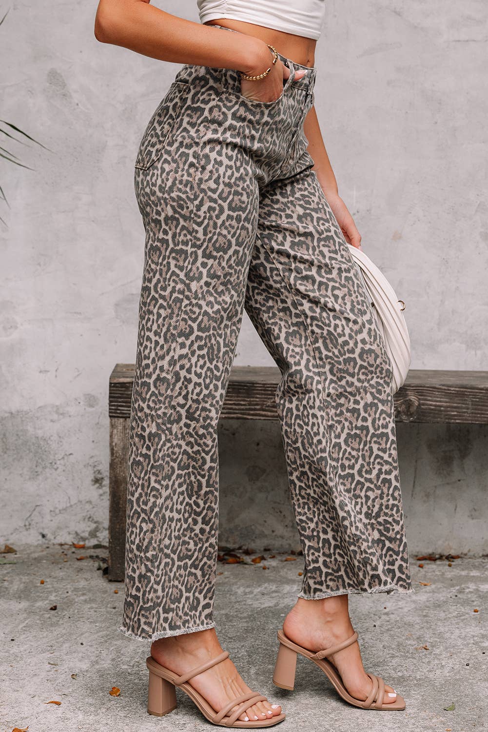 Western Leopard Frayed Edge Wide Leg High Waist Jeans