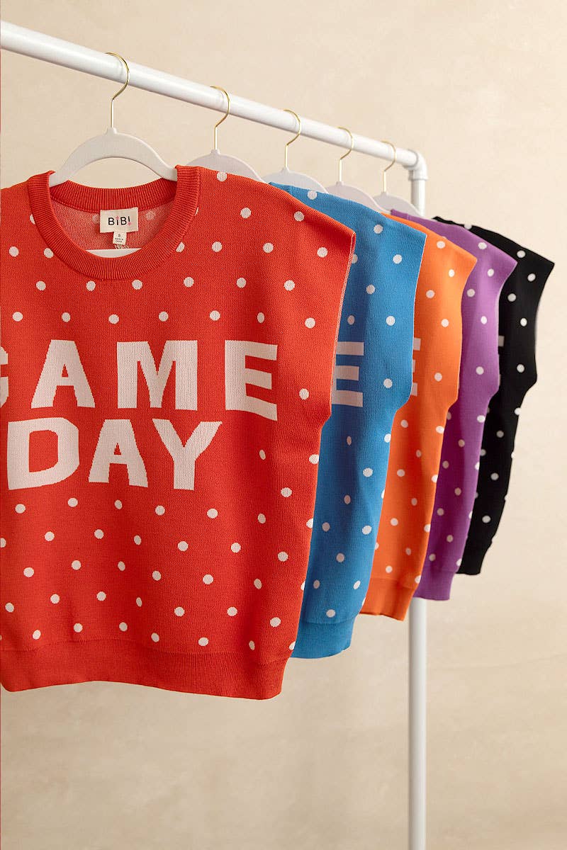 GAMEDAY LETTER AND POLKA DOTS SLEEVELESS KNIT TOP