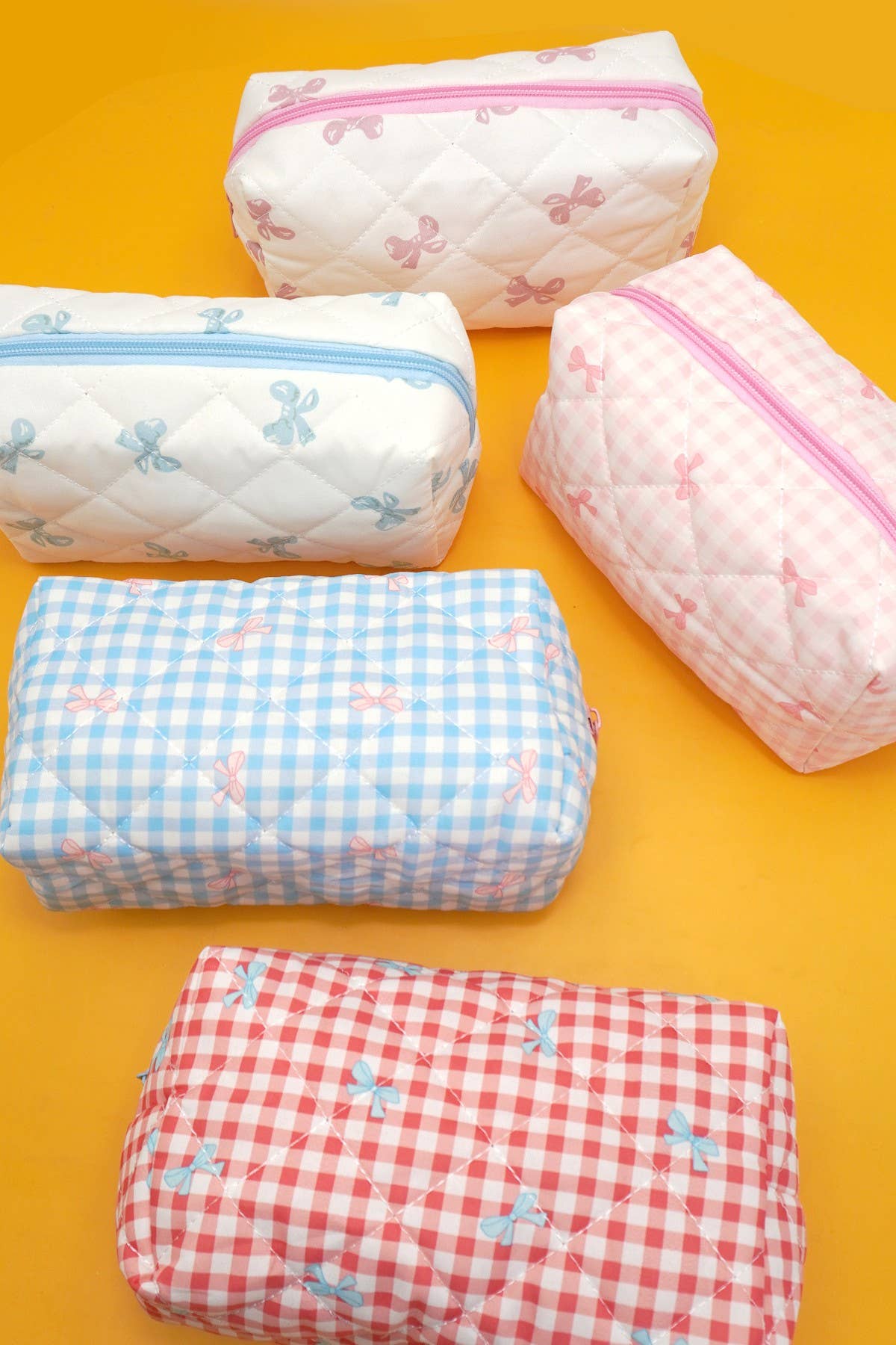 QUILTED COTTON CHECKER BOW COSMETIC POUCH BAG