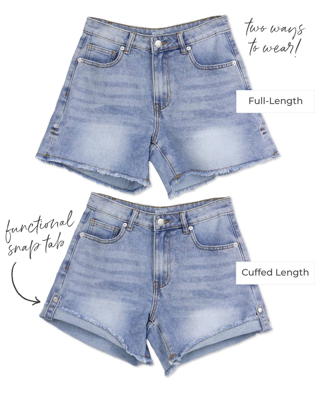 Drop Hem Denim Shorts in Light Mid-Wash