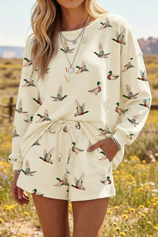 Mallard Duck Print Oversized Tee Drawstring Short Set