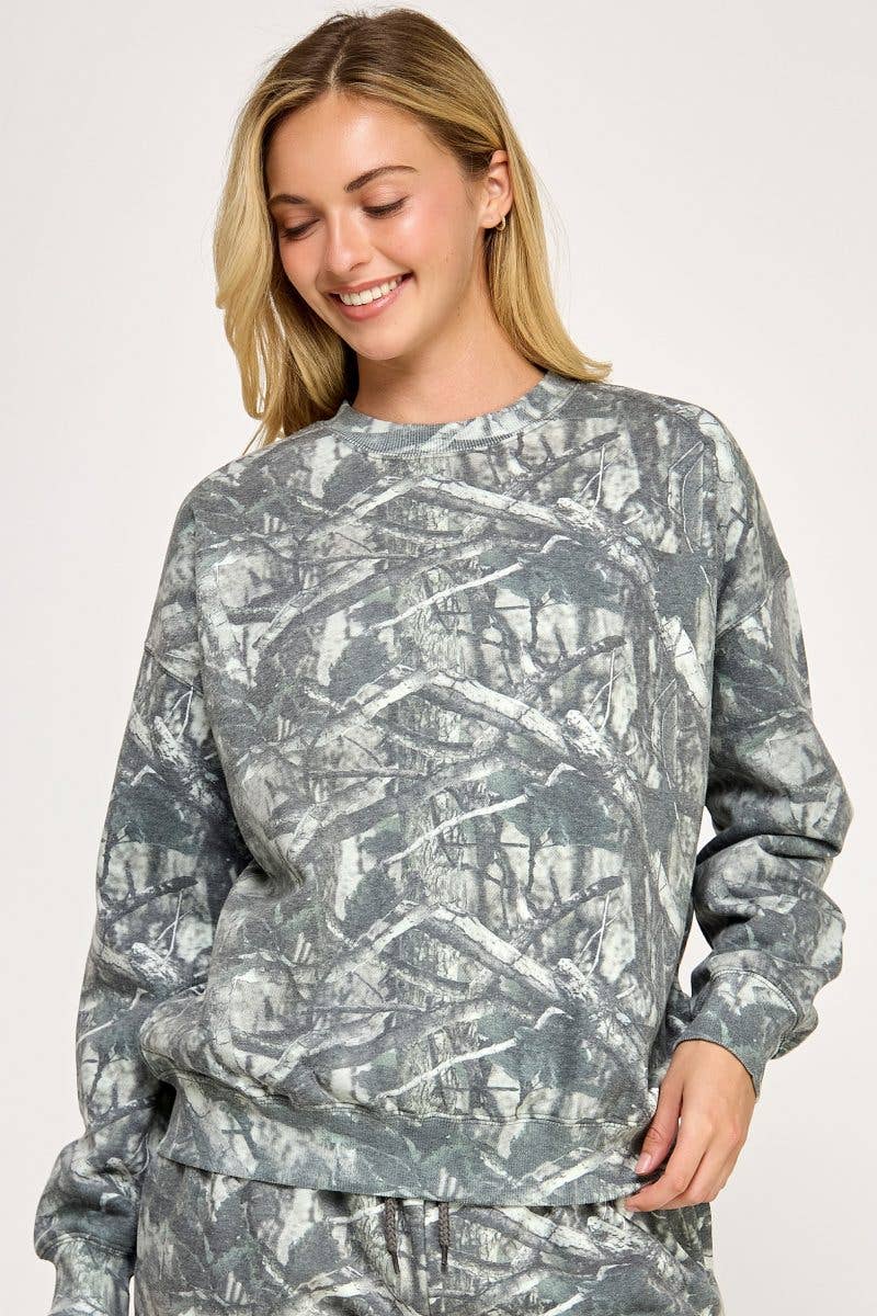 Fleece Camo Relaxed Fit Crew Neck Sweatshirt