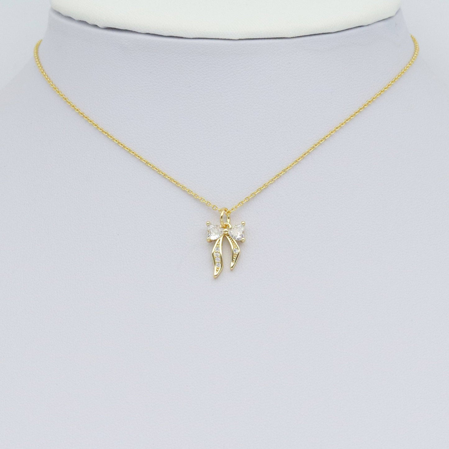 Gold Clear Heart CZ Bowknot Charm Pendant