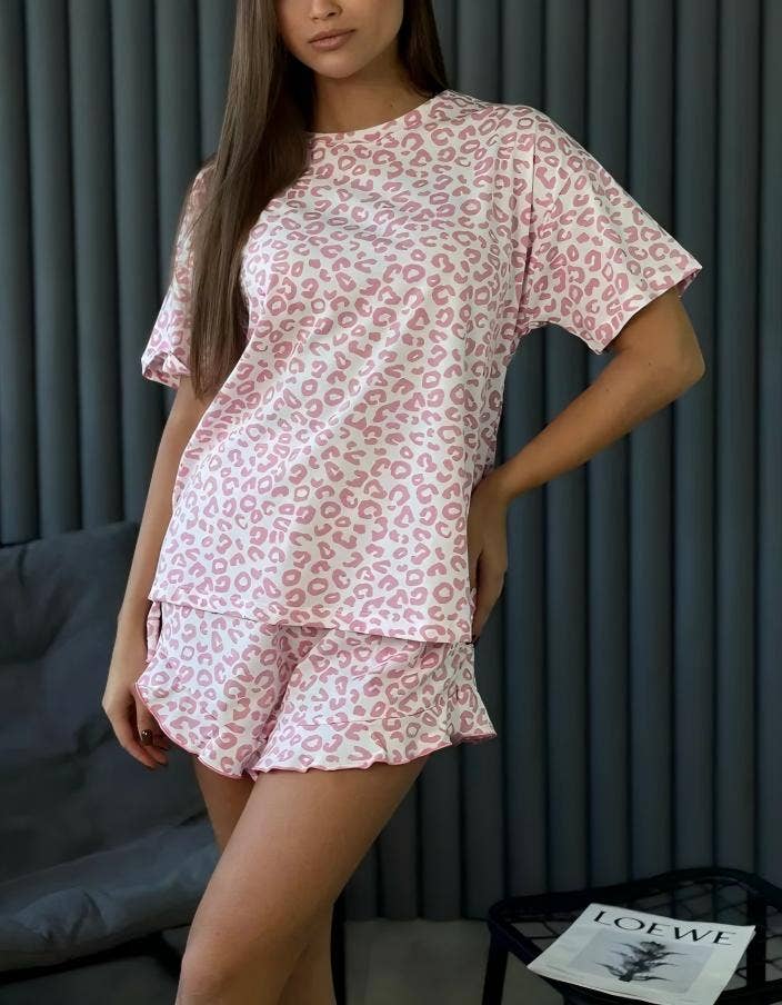 Leopard Print Pajama Set Ruffle Trim Shorts Loungewear