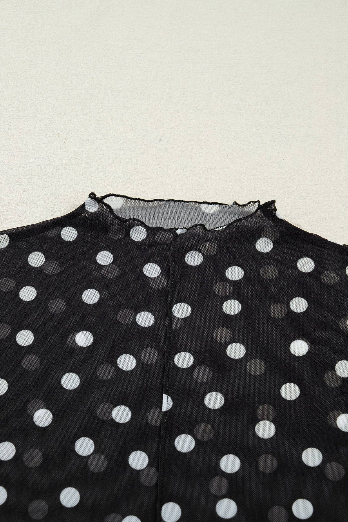 Polka Dot Mesh Mock Neck Long Sleeve Top