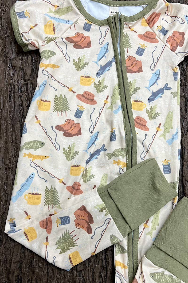 Gone fishing-Short sleeve baby romper with fold over footie