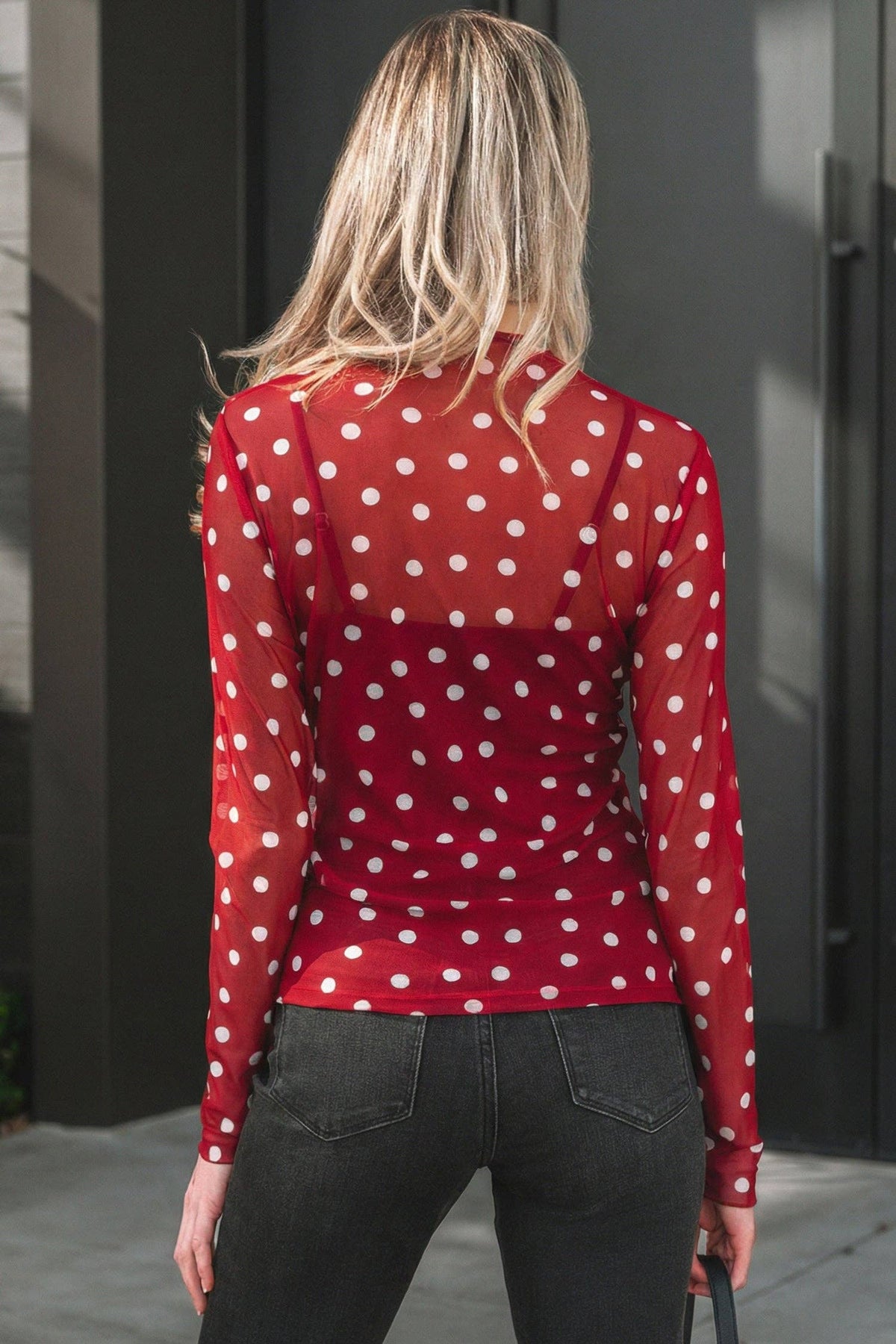 Polka Dot Mesh Mock Neck Long Sleeve Top