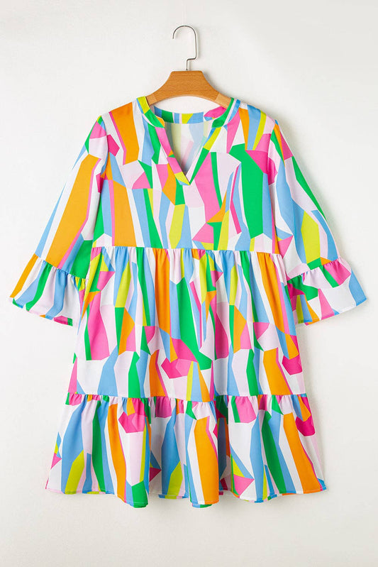 Abstract Ruffle Sleeve Notched V-Neck Dress