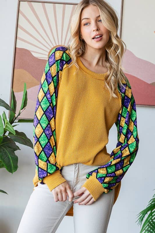 MARDI GRAS LONG SLEEVE URBAN RIBBED TOP