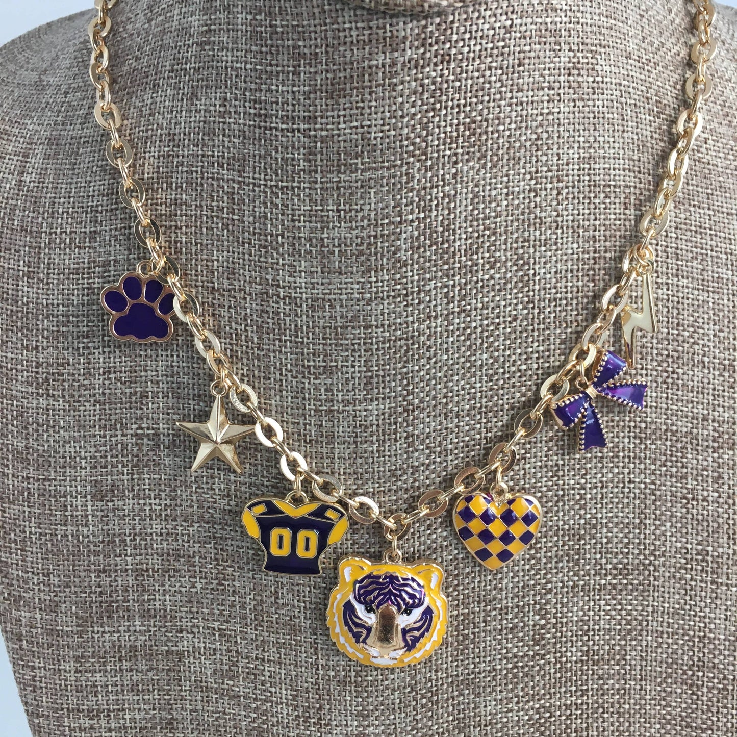 Purple and gold football jersey charm necklace 