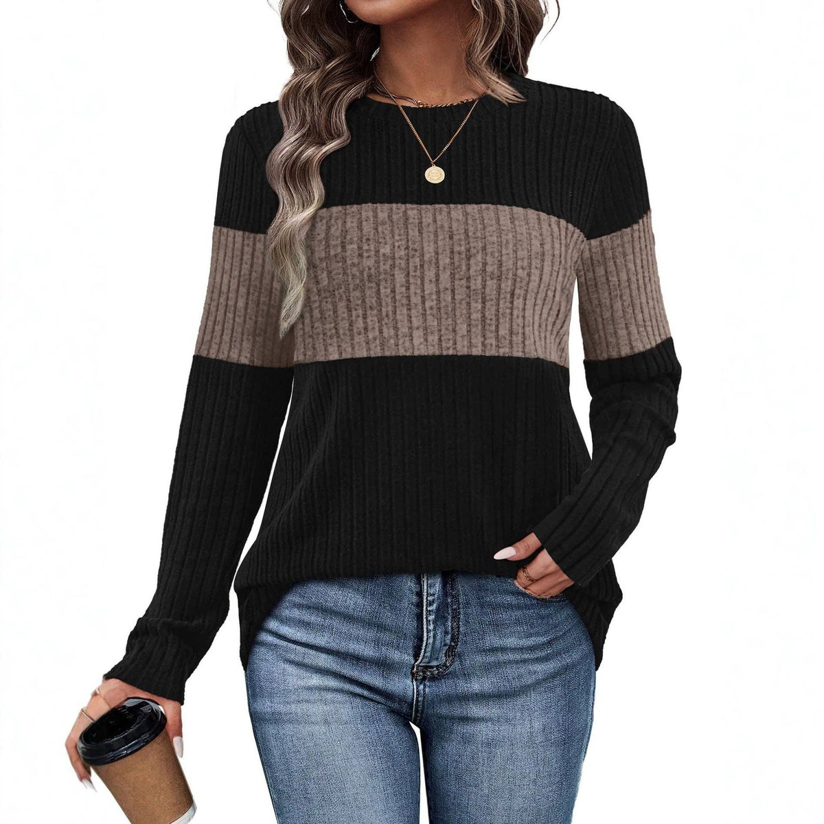 Color Block Ribbed Knit Pullover Sweater