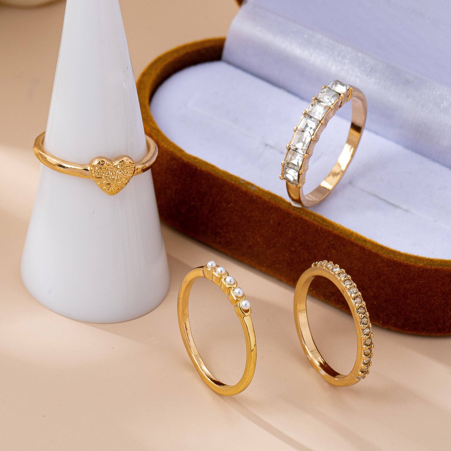 Gold-Tone Mixed Crystal & Pearl Stacking Ring