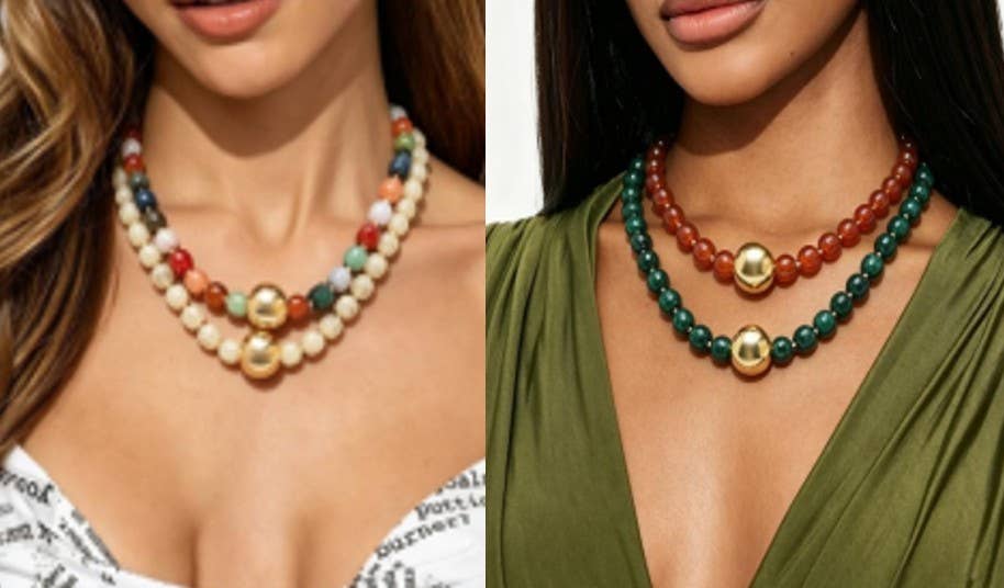 Barrel Beaded & Gold Ball Centerpiece Necklace
