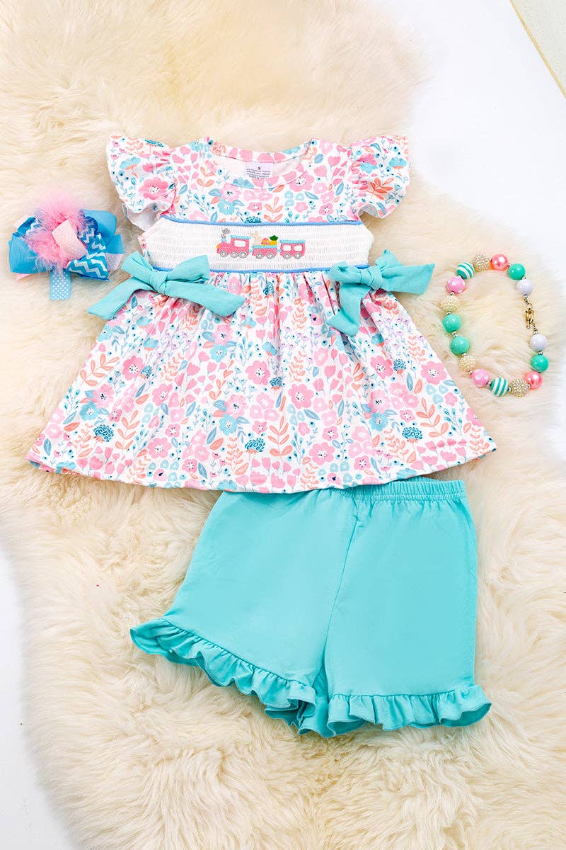 Pastel floral smocked girls set