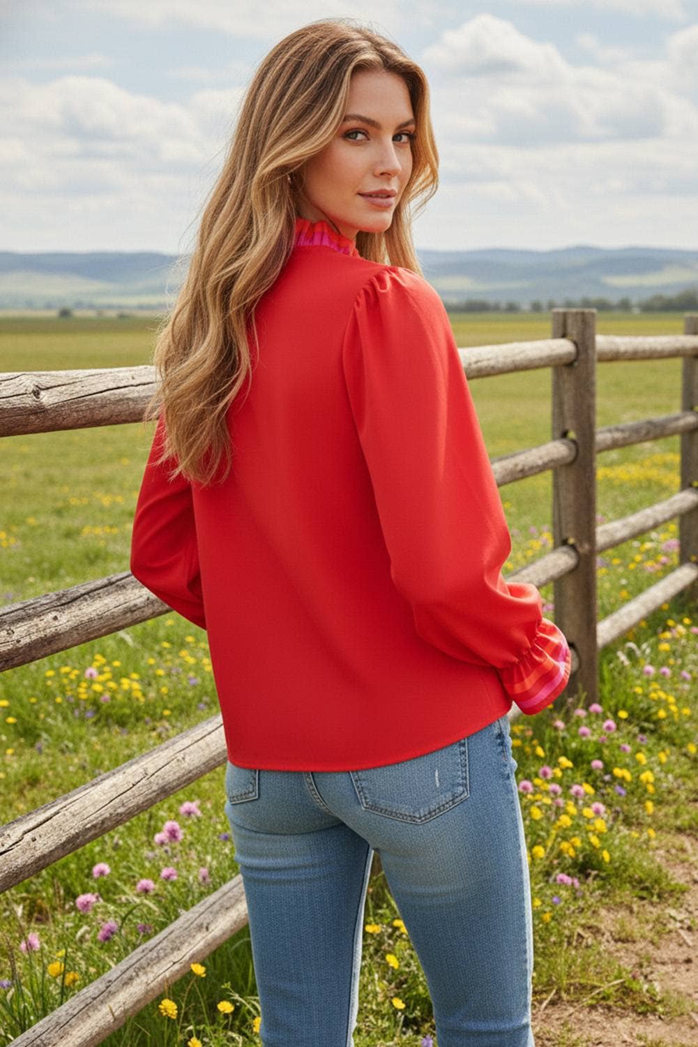 Striped Trim Ruffle Split Neck Long Sleeve Blouse
