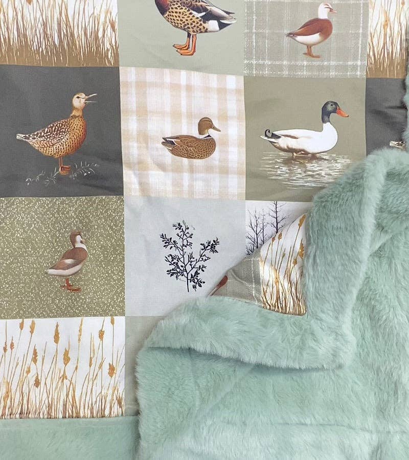 Duck duck baby blanket with mint faux fur.
