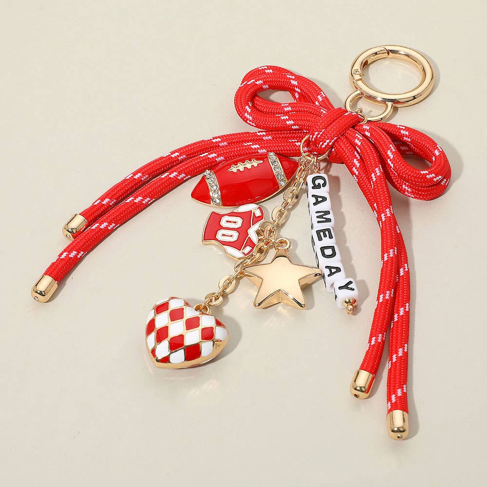 Football Themed Charm GAME DAY Message Beaded Rope Bow Accent Keychain / Bag Charm