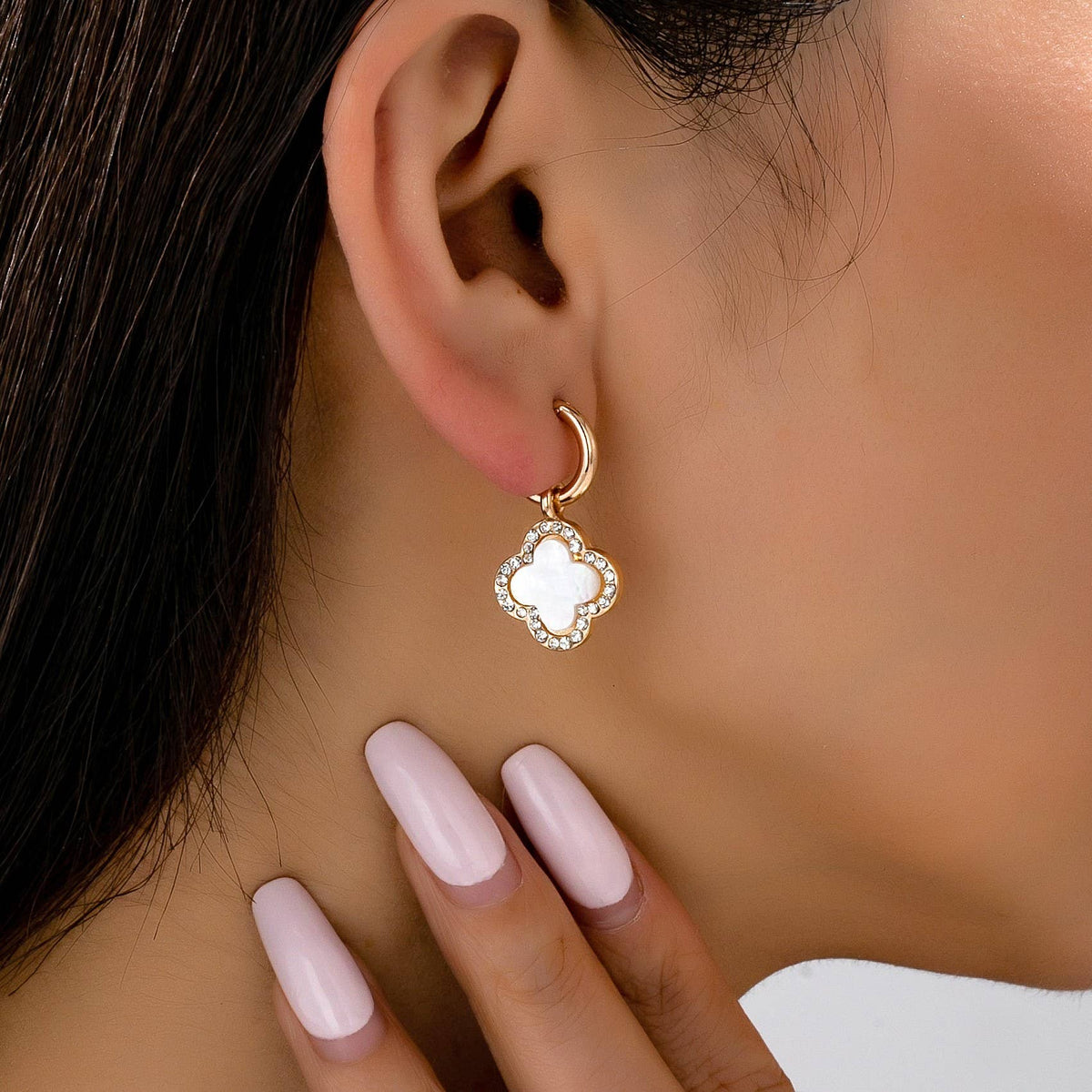 Mother of Pearl Rhinestone Clover Drop Hoop Earrings | 80E61604
