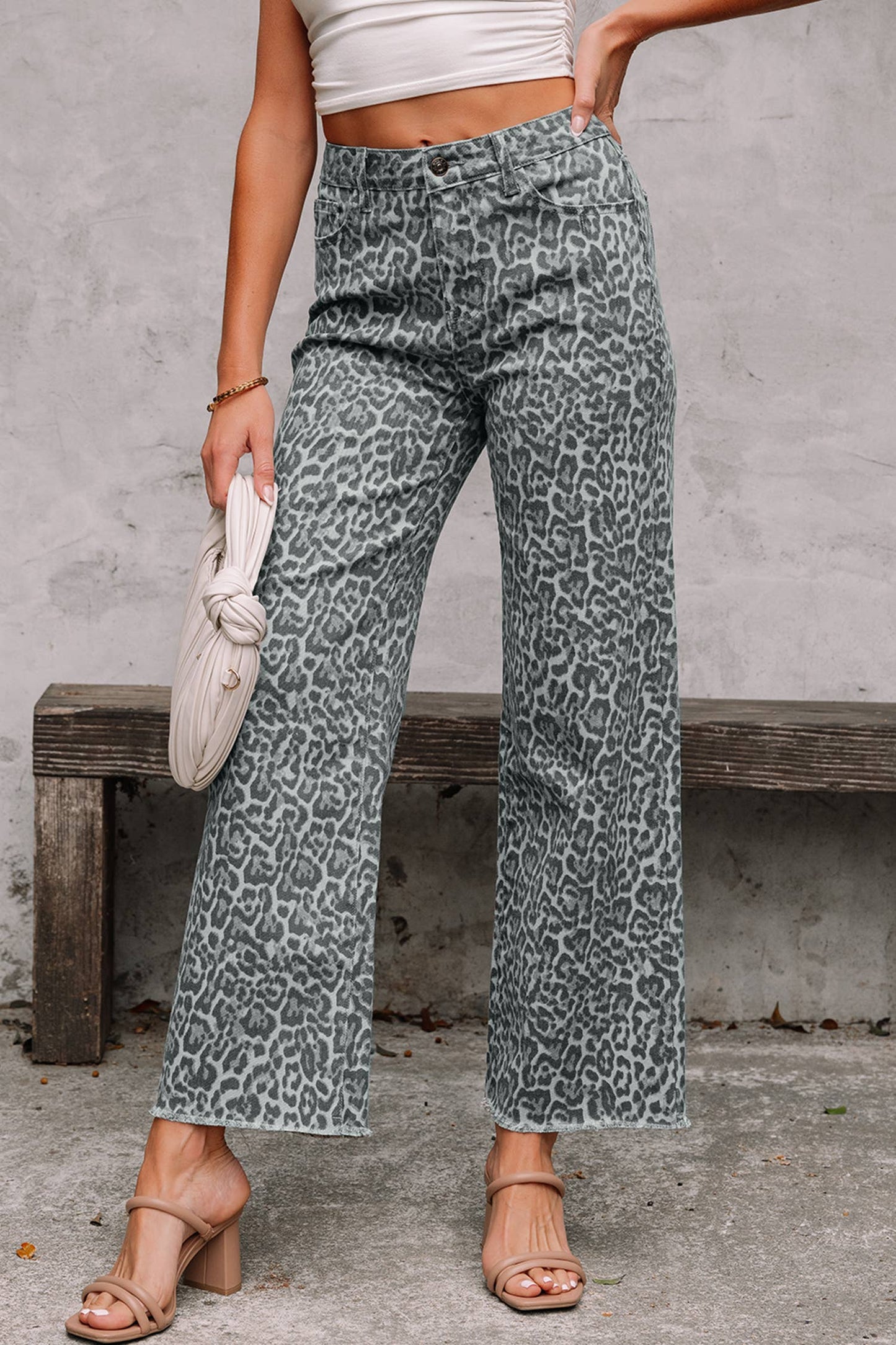 Western Leopard Frayed Edge Wide Leg High Waist Jeans
