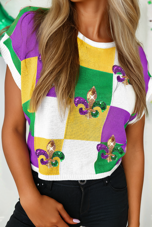 Fashion-W Sequin Mardi Gras Fleur de Lis Sweater T Shirt