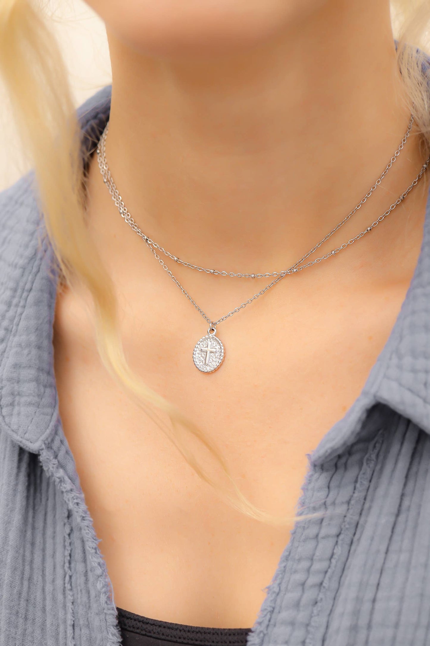 18K Gold PVD Stainless Steel Textured Medallion Cross Charm