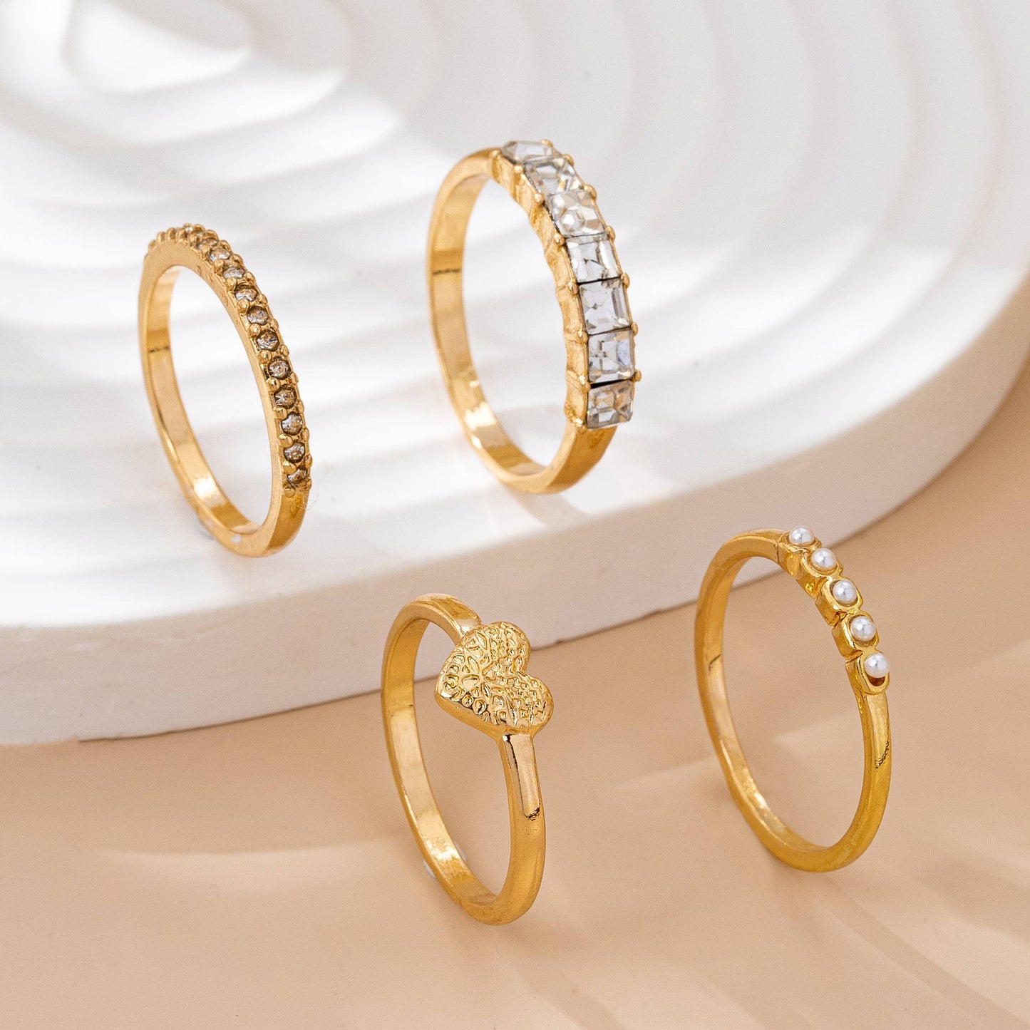 Gold-Tone Mixed Crystal & Pearl Stacking Ring