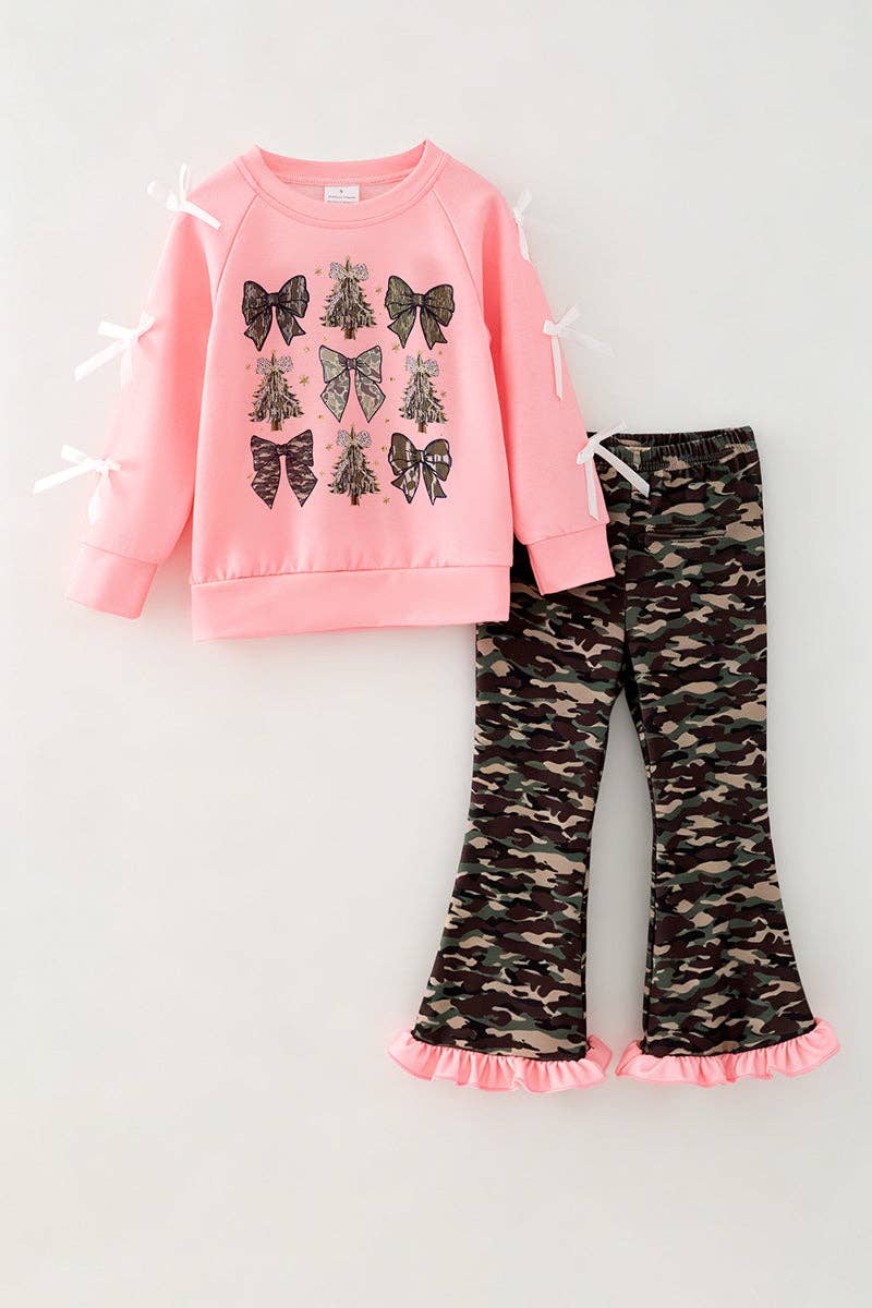 Camouflage Christmas tree & bow printed sweatshirt set