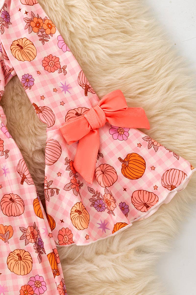 Pumpkin printed on pink dress w/ bell sleeves