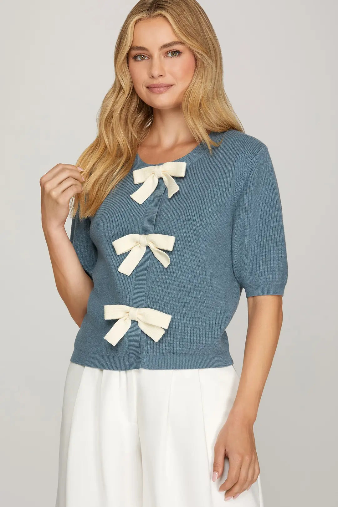 SHORT SLEEVE CONTRAST BOW KNIT SWEATER CARDIGAN