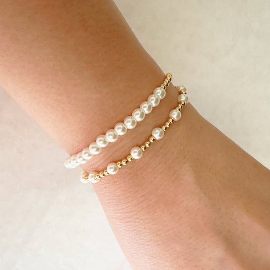 Pearls And Gold Stretch Bracelet Set Of 2