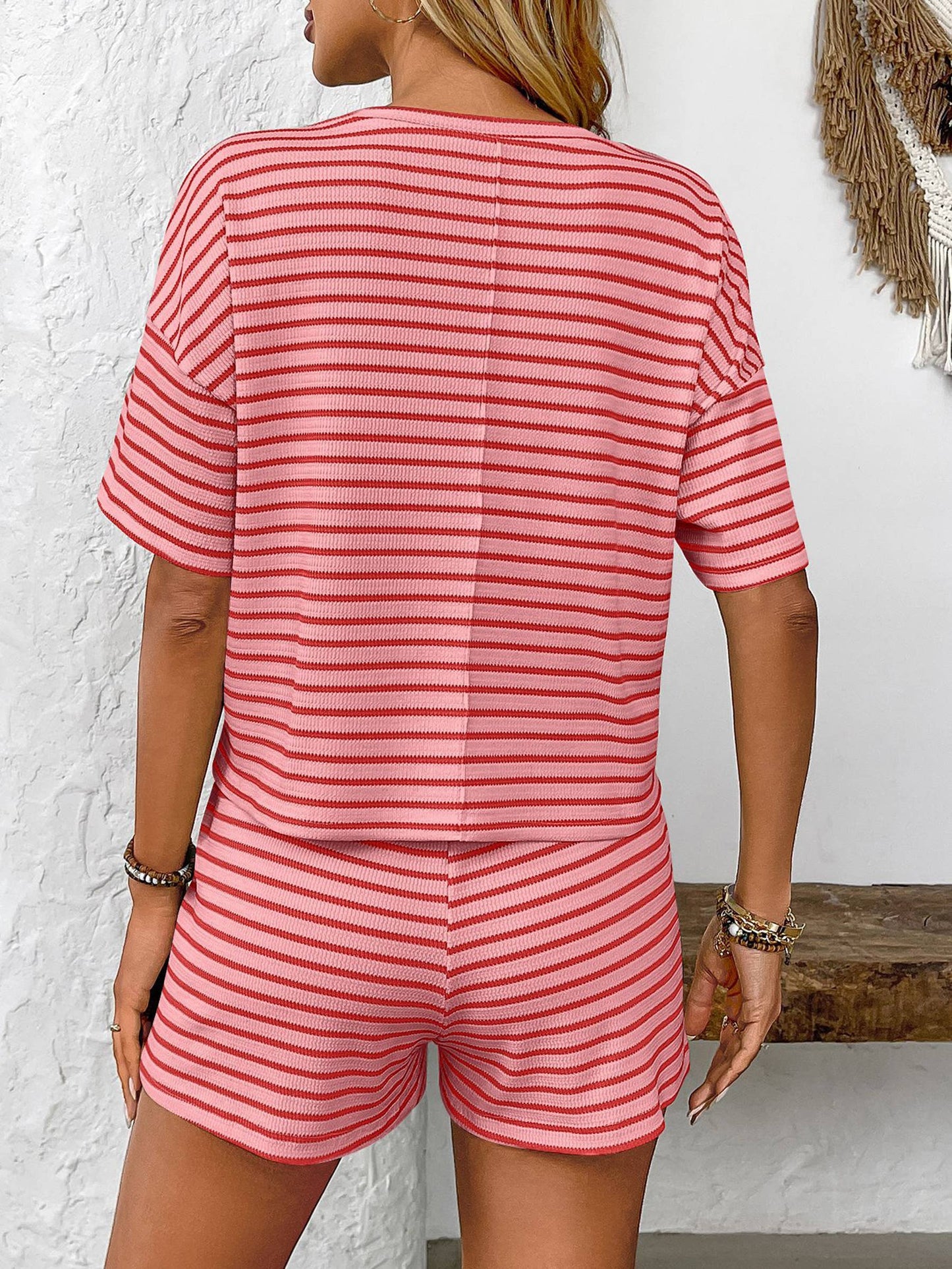 Knitted Striped Fashionable Casual Shorts Set