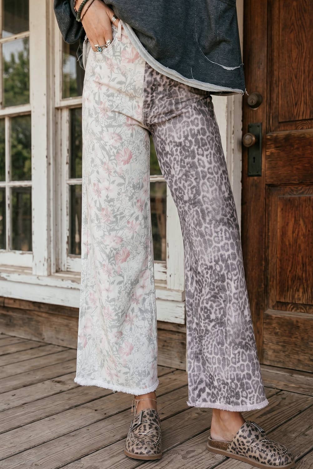 Western Leopard Frayed Edge Wide Leg High Waist Jeans