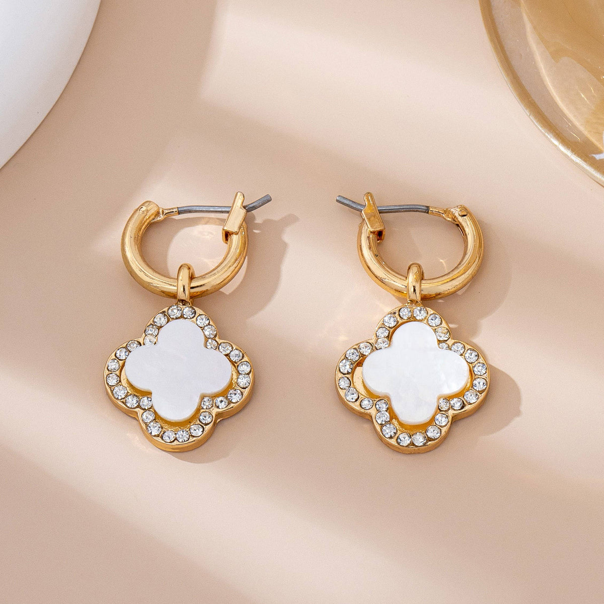 Mother of Pearl Rhinestone Clover Drop Hoop Earrings | 80E61604