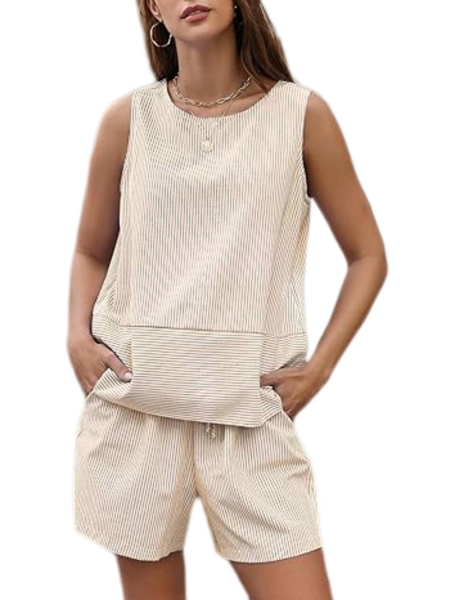 Vertical Stripe Waist Cinch Sleeveless Set