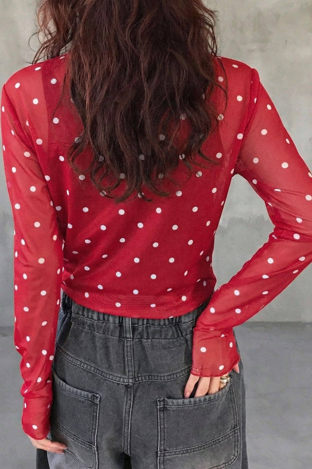 Polka Dot Mesh Mock Neck Long Sleeve Top