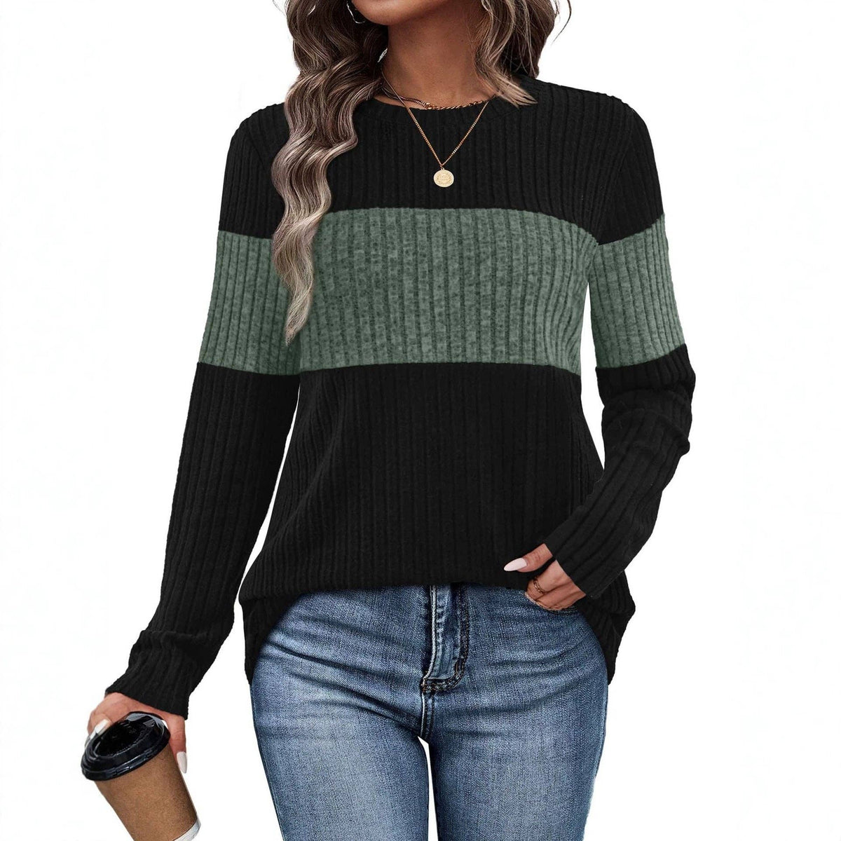 Color Block Ribbed Knit Pullover Sweater