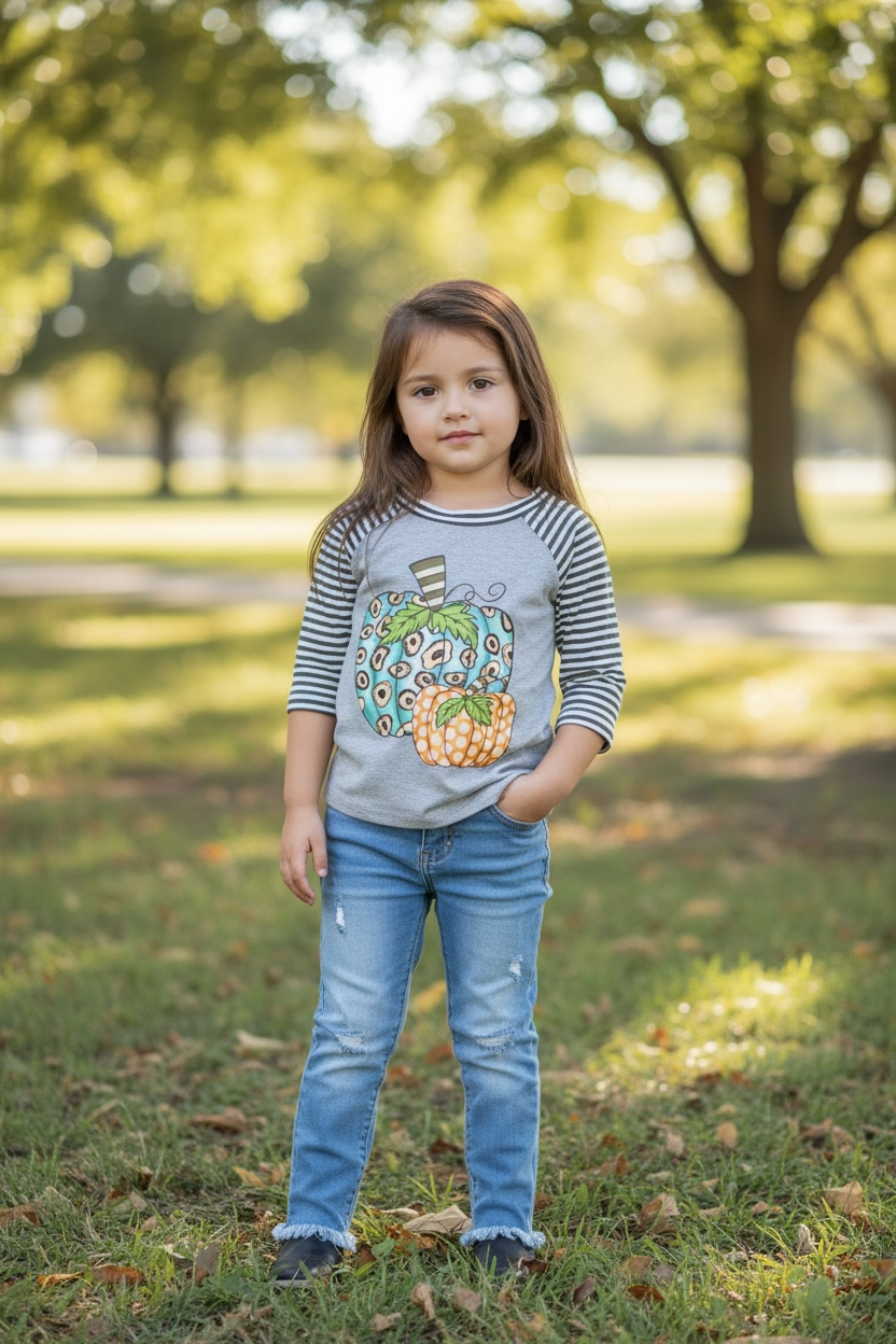 Gray pumpkin printed top with 3/4 sleeves