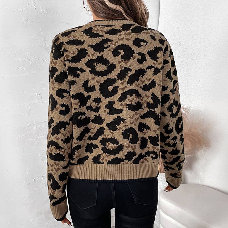 Women's leopard print bow autumn and winter knitted sweater