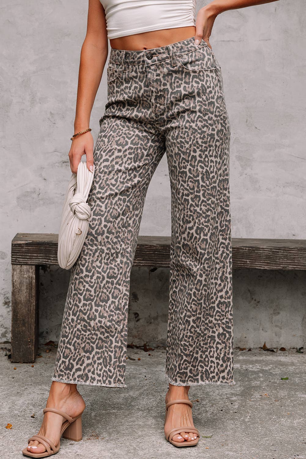 Western Leopard Frayed Edge Wide Leg High Waist Jeans