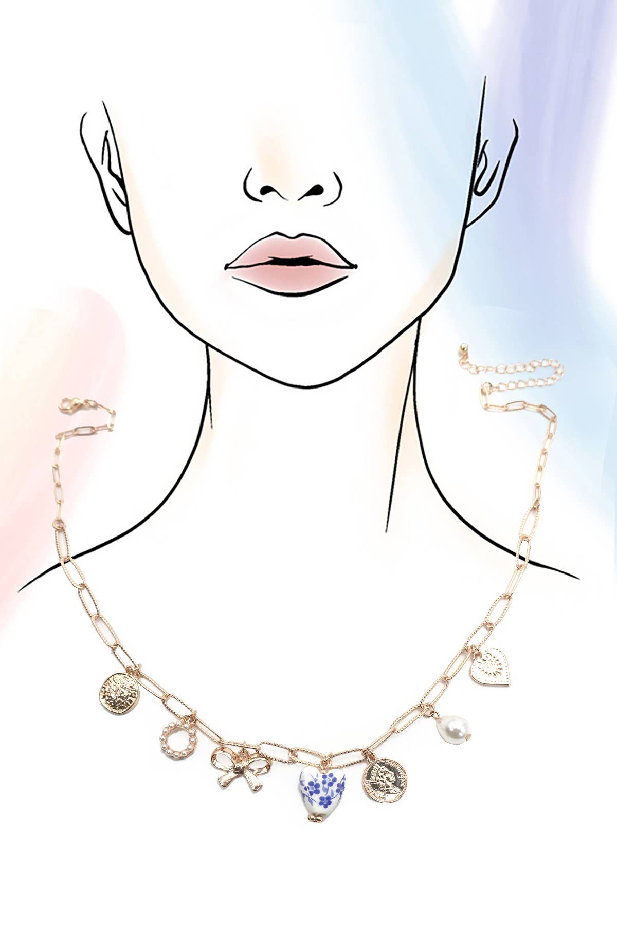 CERAMIC PORCELAIN BOW HEART CHARM LINK NECKLACE | 80N91547