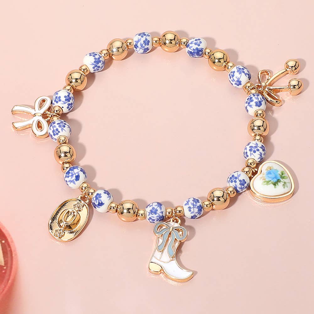Enamel Bow Western Boot Charm Ceramic Ball Stretch Bracelet