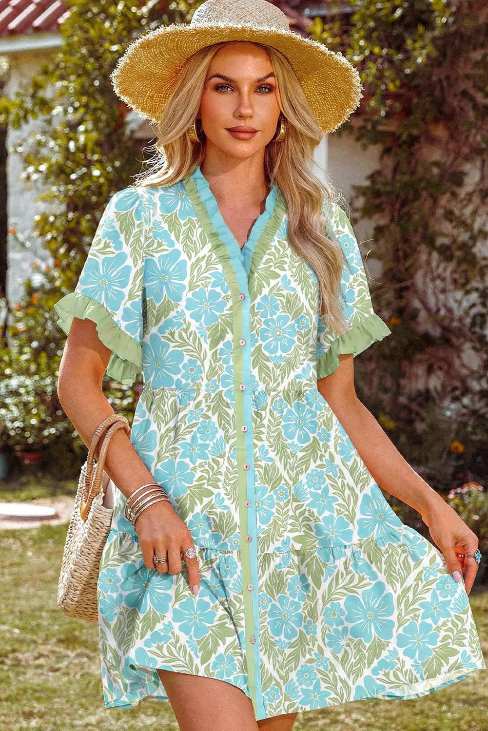 Floral Print Frilled Trim V Neck Button Front Boho Dress