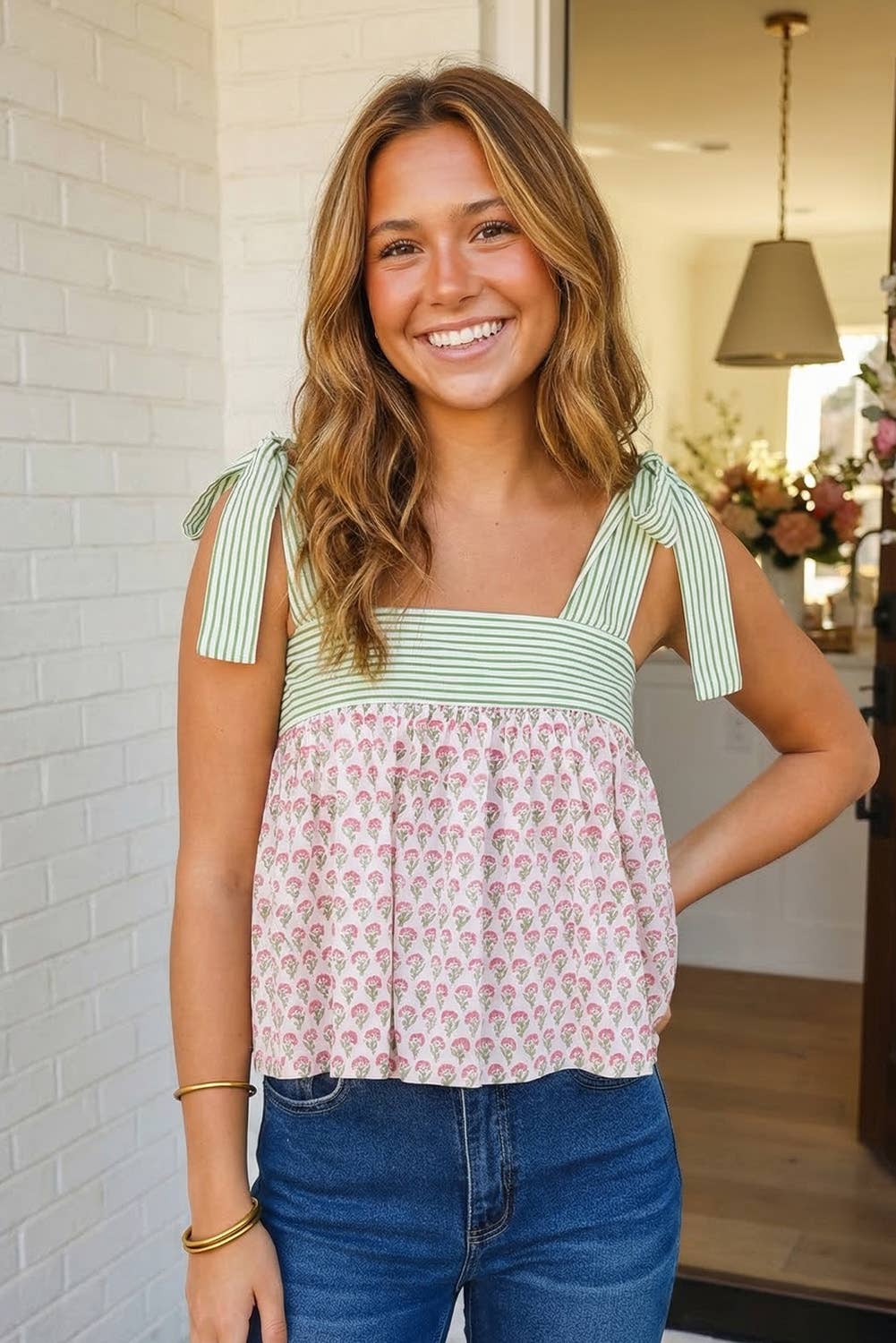 Floral Printed Knot Straps Babydoll Tank Top