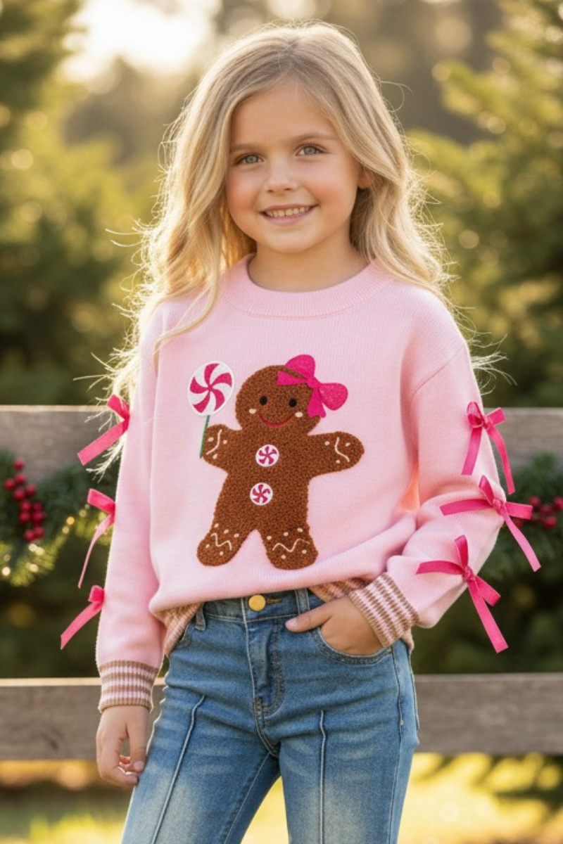 Ginger cookie pink knit sweater with bow on sleeves