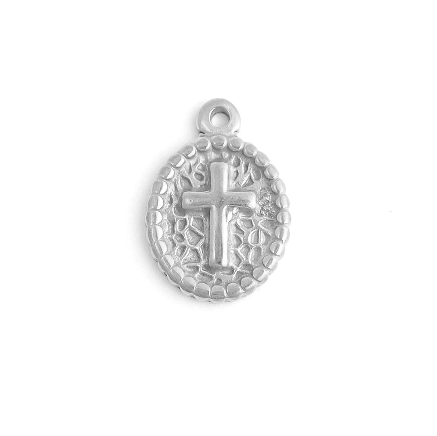 18K Gold PVD Stainless Steel Textured Medallion Cross Charm