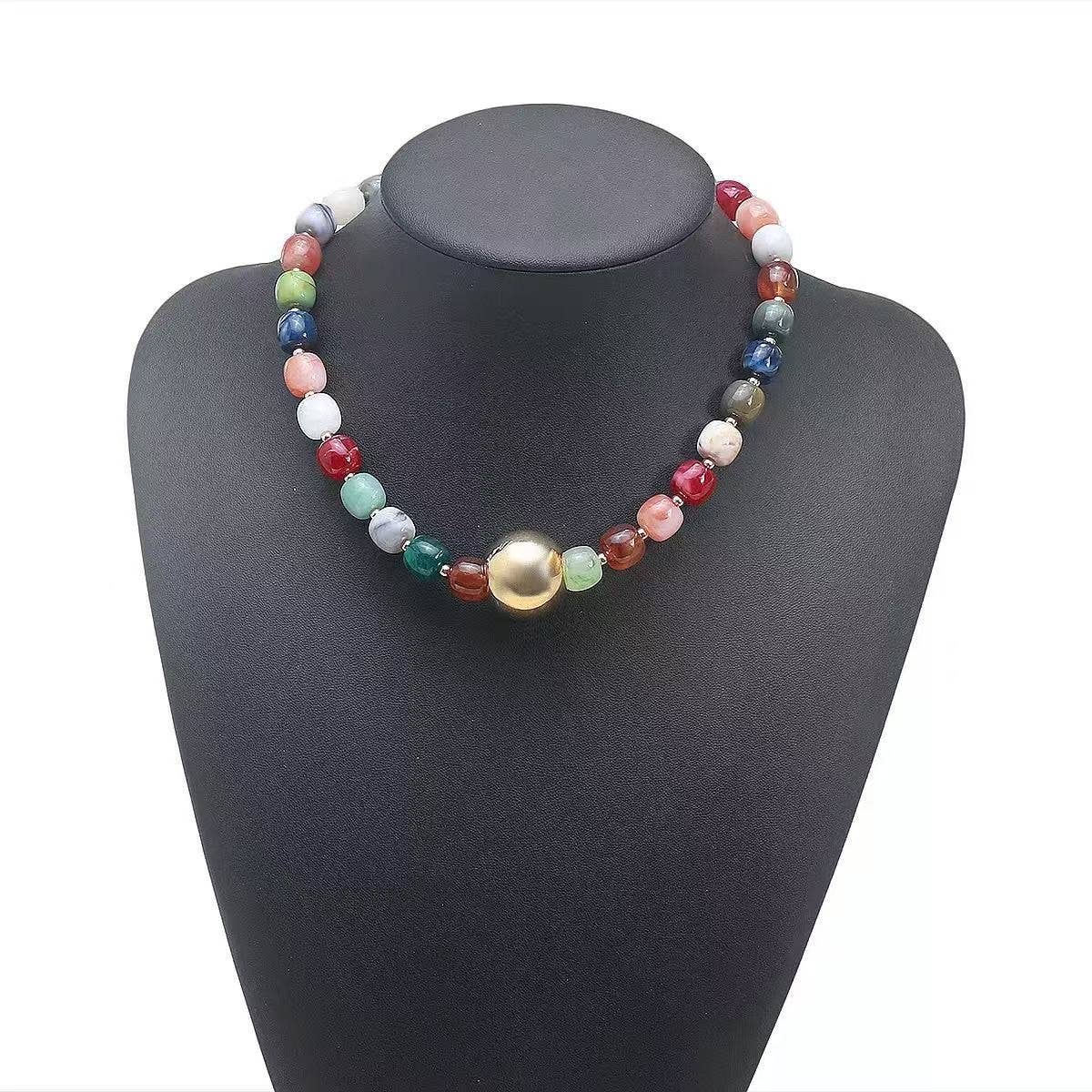 Barrel Beaded & Gold Ball Centerpiece Necklace