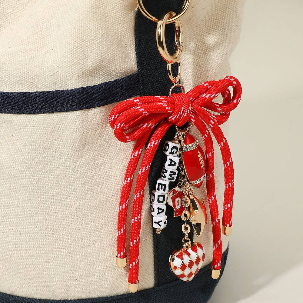 Football Themed Charm GAME DAY Message Beaded Rope Bow Accent Keychain / Bag Charm
