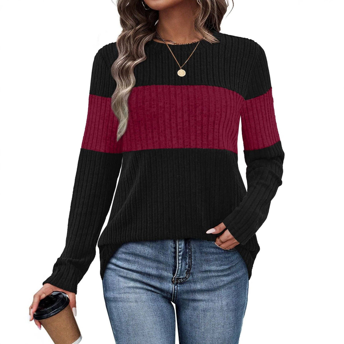 Color Block Ribbed Knit Pullover Sweater